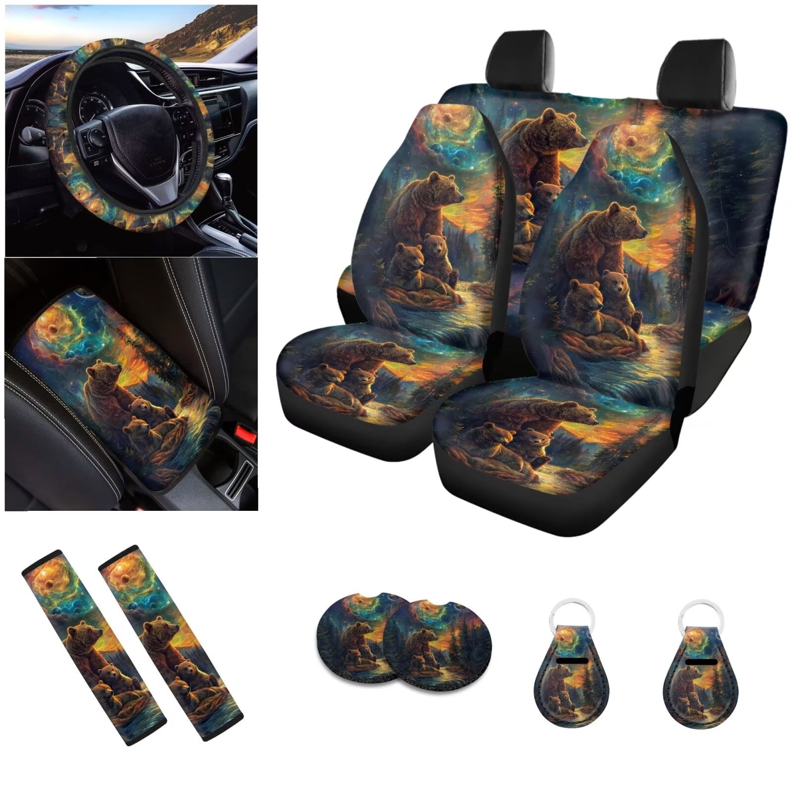 Ledback Bear Planet Printed Car Seat Covers Full Set, Soft Car Front & Back Seat Cover Steering Wheel Cover Car Armrest Cover Seat Belt Pad Coaster Keychain Car Interior Decor