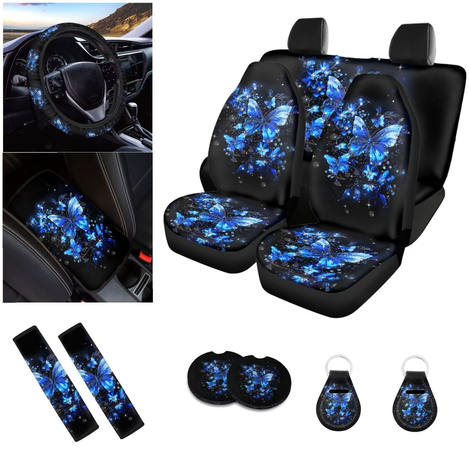 Ledback Butterfly Printed Car Seat Covers Full Set Breathable Car Interior Set Washable Auto Steering Wheel Cover Soft Seat Belt Pads Chapstick Holder Keychain for Women