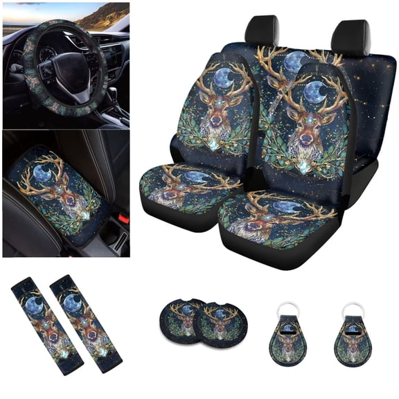 Ledback Deer Printed Car Seat Covers Full Set Front and Back Seats Protectors Covers with Steering Wheel Cover Seat Belt Cover Cup Holder Coasters Keychain Universal for SUV