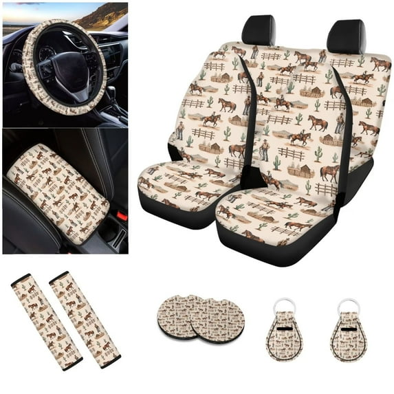 Ledback Southwest Cowboys Car Seat Covers Full Set with Steering Wheel Cover Cactus Printed Front Rear Seat Covers for Trucks, Universal Seat Belt Pads,Cup Holders,Keychian Fit SUV