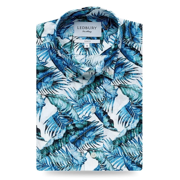 Ledbury The Greencrest Palm Print Casual Classic Shirt Blue Size Large 35