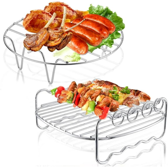Ledeak 2 Pack Air Fryer Rack, 304 Stainless Steel Grilling Rack with 4 Barbecue Sticks, Air Fryer Double Layer Rack Stands Multi-purpose Wire Rack for Barbecue Roasting Oven
