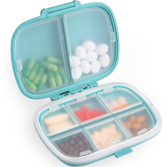 Ledeak Portable Pill Box, Daily Tablet Organiser with 8 Compartments, Moistureproof Medicine Storage Case Weekly Pill Dispenser for Work Travel (Beige)