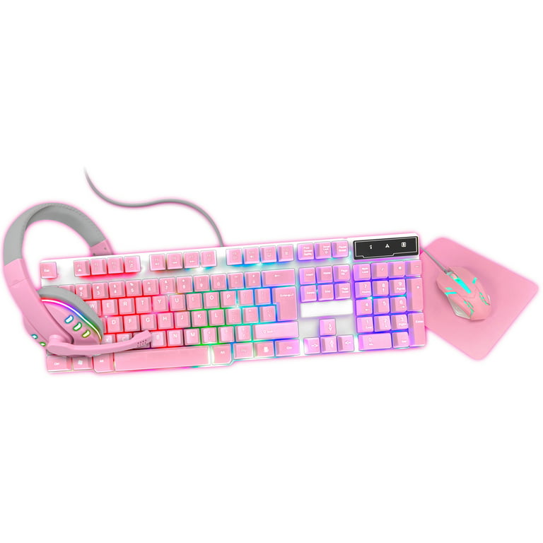 Ledeez Gamer Girl 4-in-1 LED Pink Gaming Set, Multi-Color LED Keyboard,  Mic, Headset + Mouse, and Mousepad 
