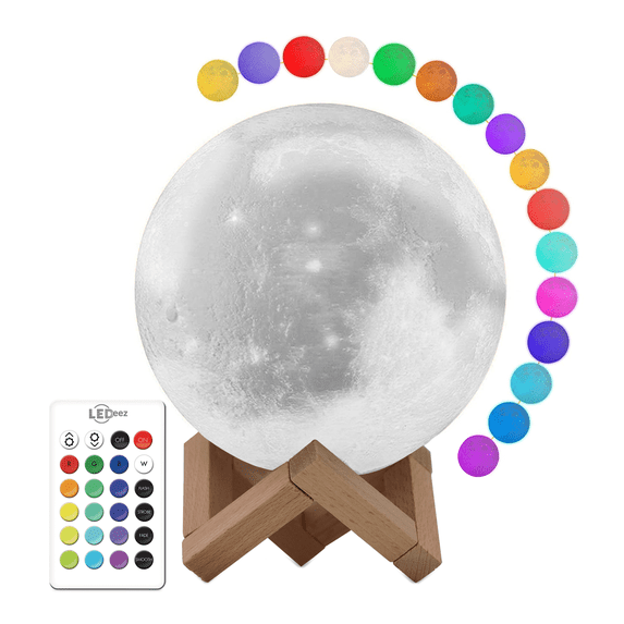 Ledeez LED White Moon Lamp with Wood Display Stand, Remote Controlled, 16 Colors, 4 Modes