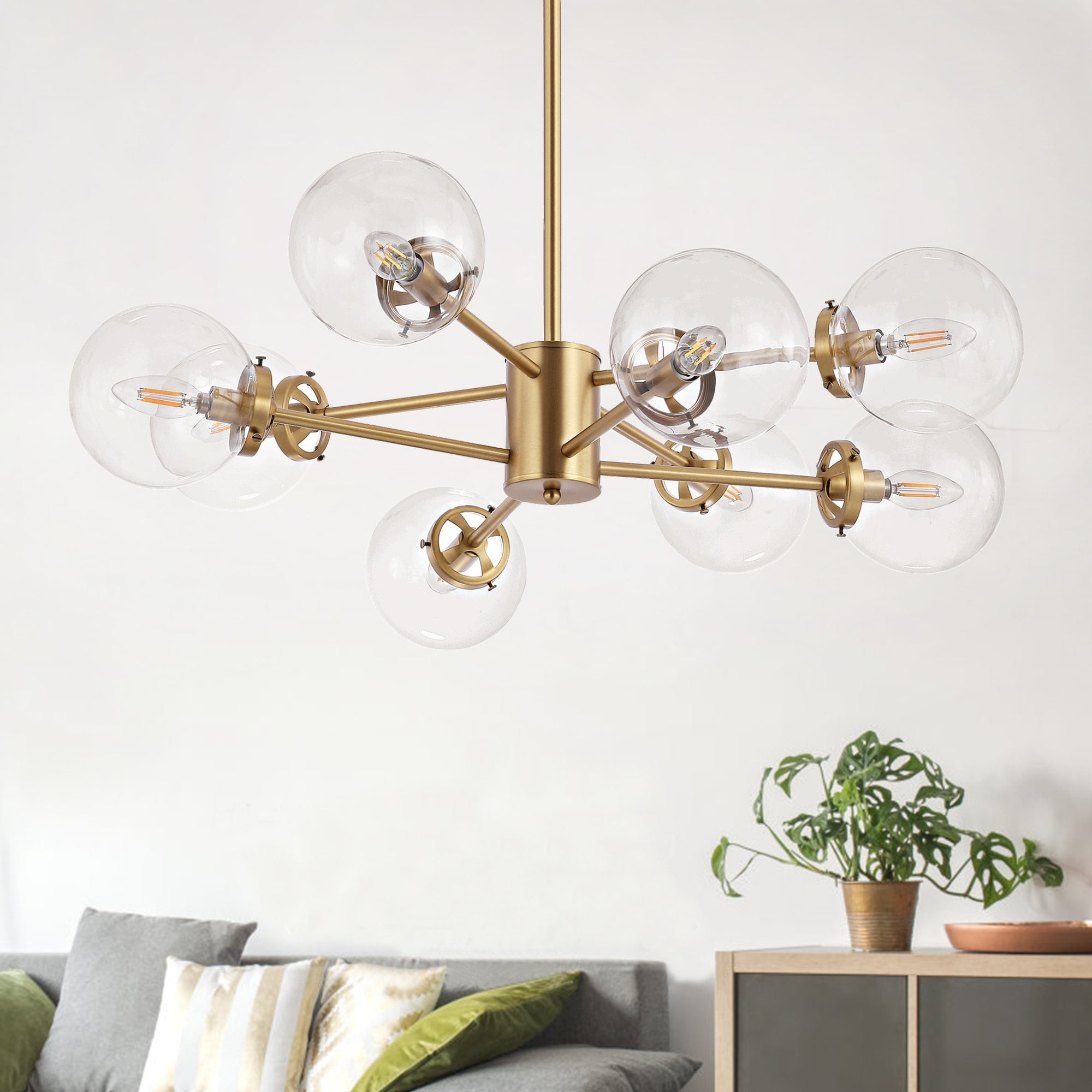 Brass 8-Light Sputnik Chandelier with Clear Glass Shades
