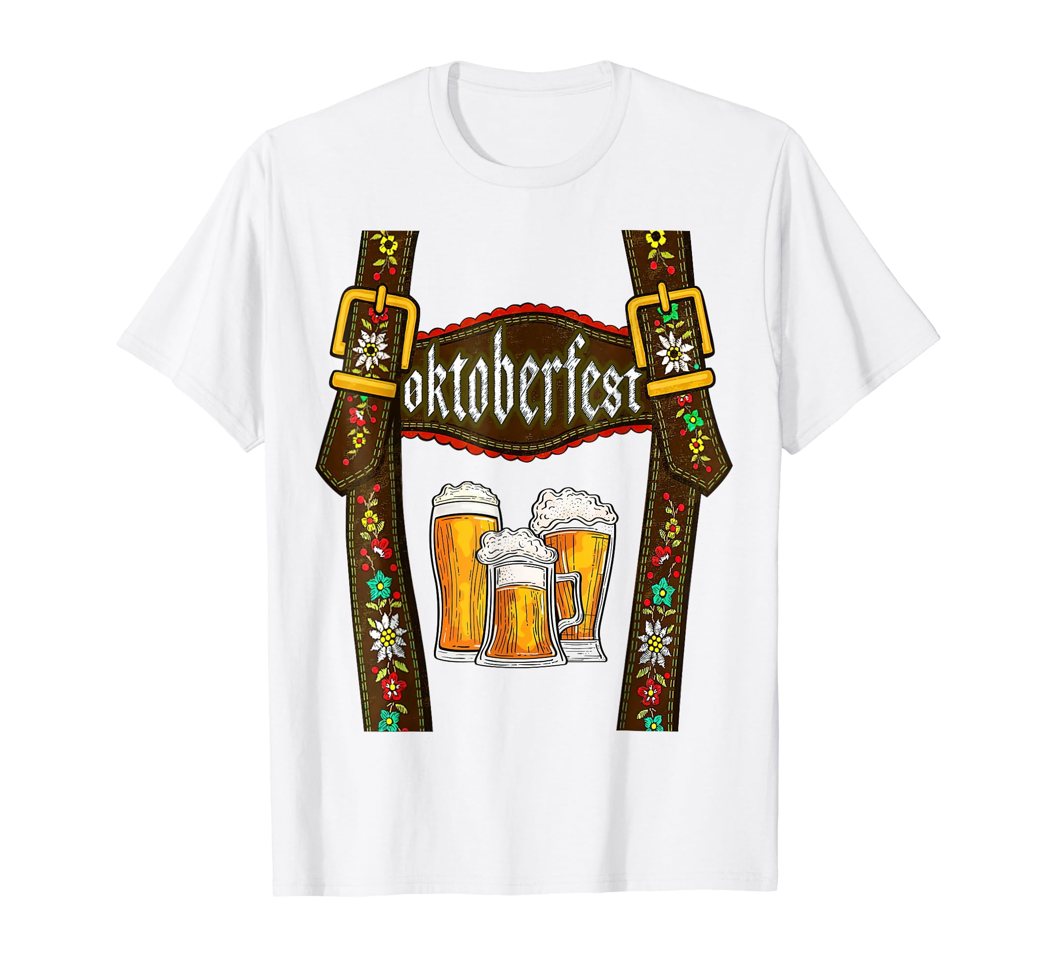 Lederhosen Suspenders Oktoberfest Bavarian Munich Beer Mens White T