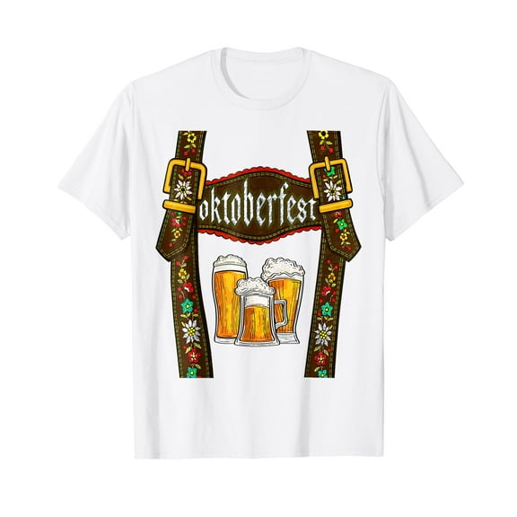 Lederhosen Suspenders Oktoberfest Bavarian Munich Beer Mens White T-Shirt Short Sleeve Tee