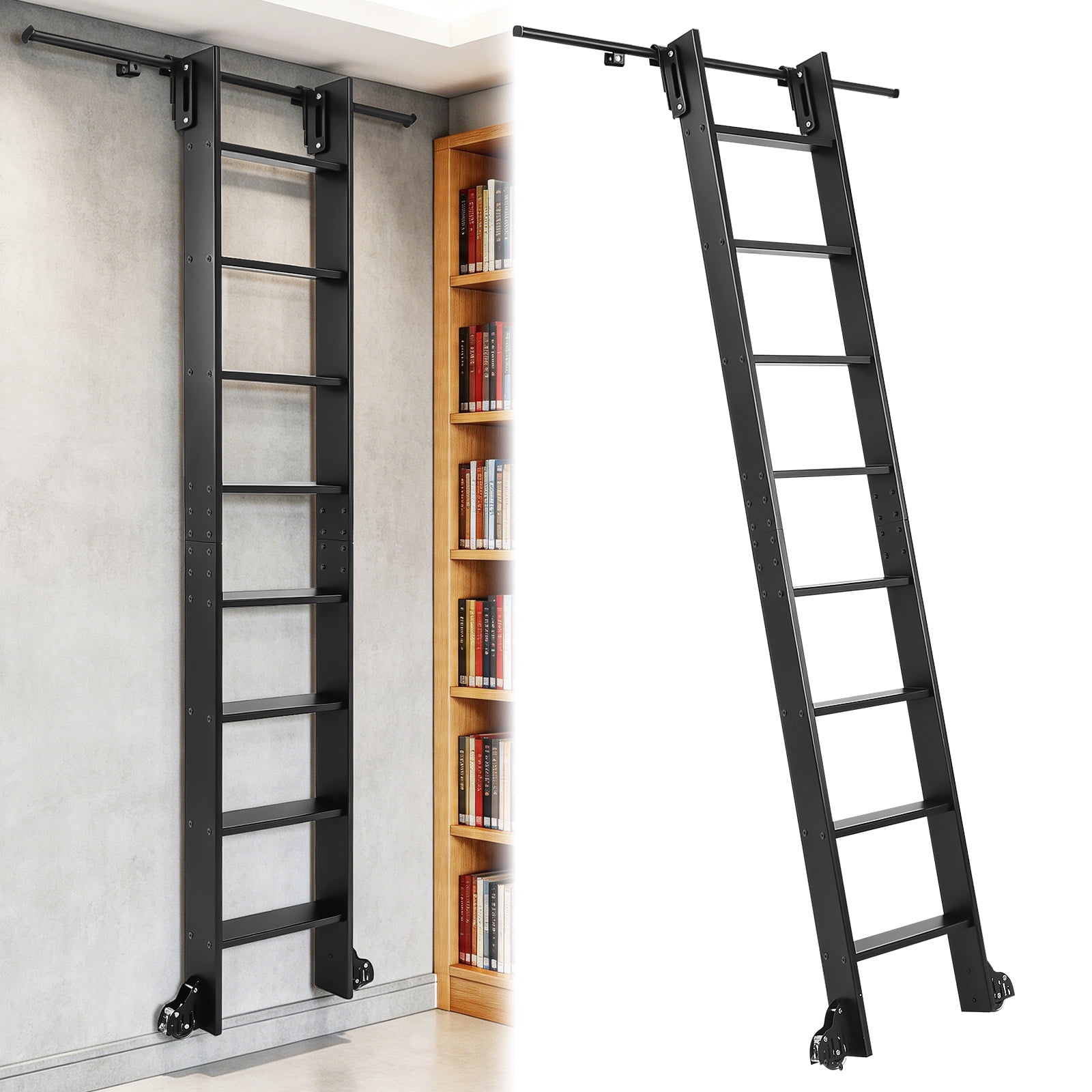 Trak Ladder Ledmomo 96 Inch Sliding Library Ladder with 4FT Hook Track, Lightweight ...