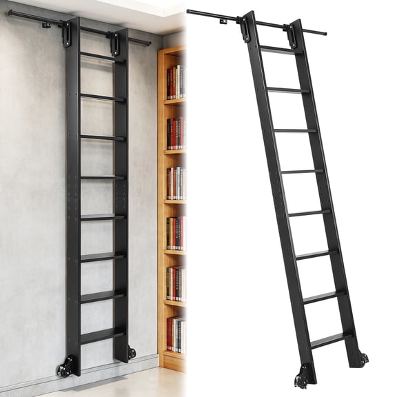 Ledmomo 96 Inch Sliding Library Ladder with 4FT Hook Track, Lightweight 8 Step Rolling Ladder with Braking Wheels, Wall Rail Mounted Design for Home Library Warehouse High Shelf Access Black