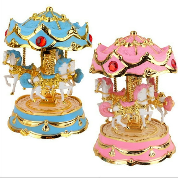 LEDMOMO 1Pc Blue Merry Go Round Music Box with Battery Operated Melody for Decoration