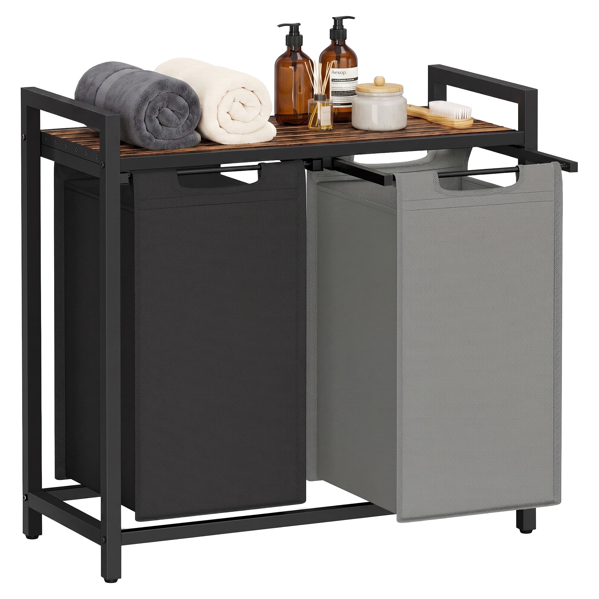 Ledrem 2-Compartment Laundry Hamper with Removable Bags & Storage Shelf, Rustic Brown/Charcoal Grey