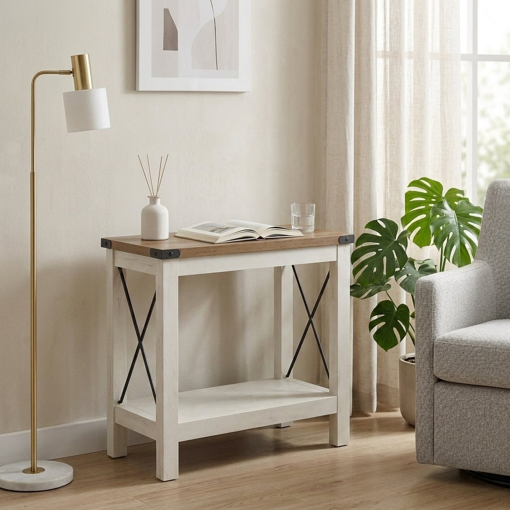 Ledrem 2 Tiers Side Table, Sofa Accent Table, Compact Nightstand with Underside Storage Rack, Rustic White & Honey Brown