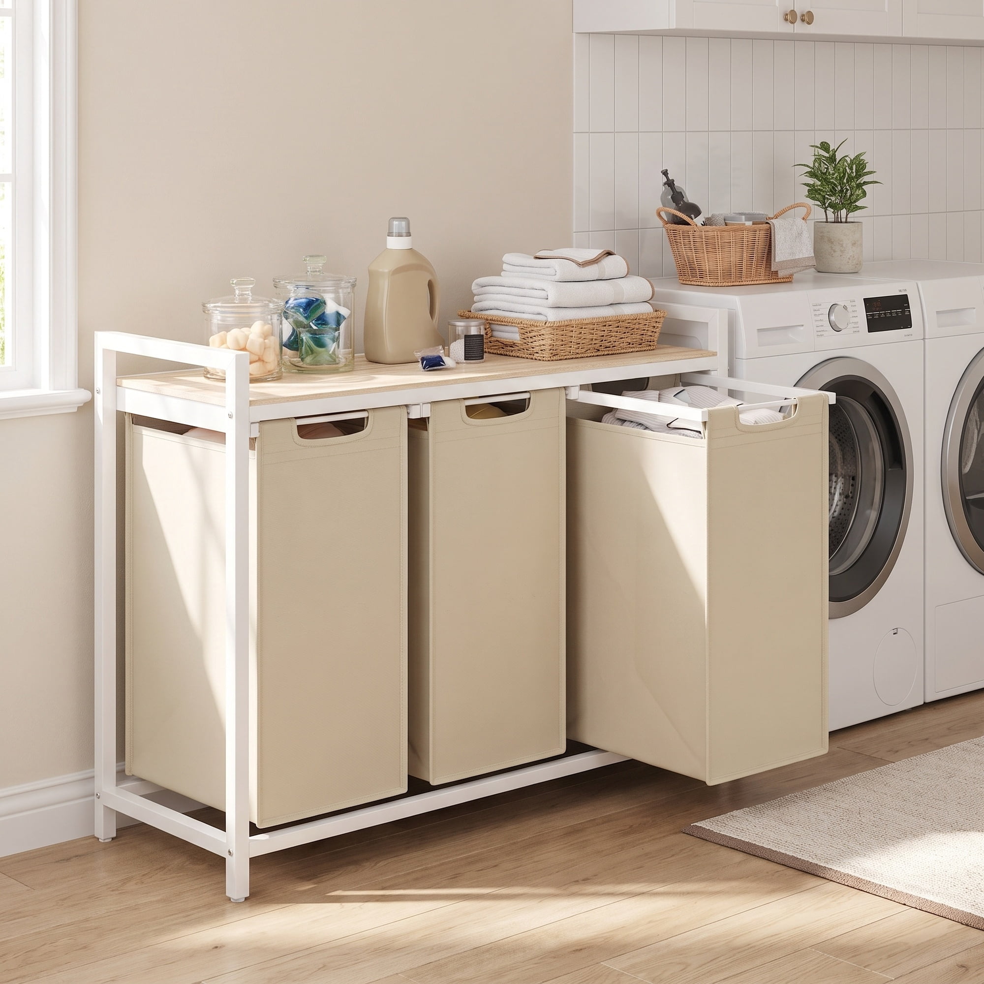 Ledrem 3-Bag Laundry Sorter Hamper with Pull-Out Bags and Shelf,Cappuccino Beige and Natural Beige