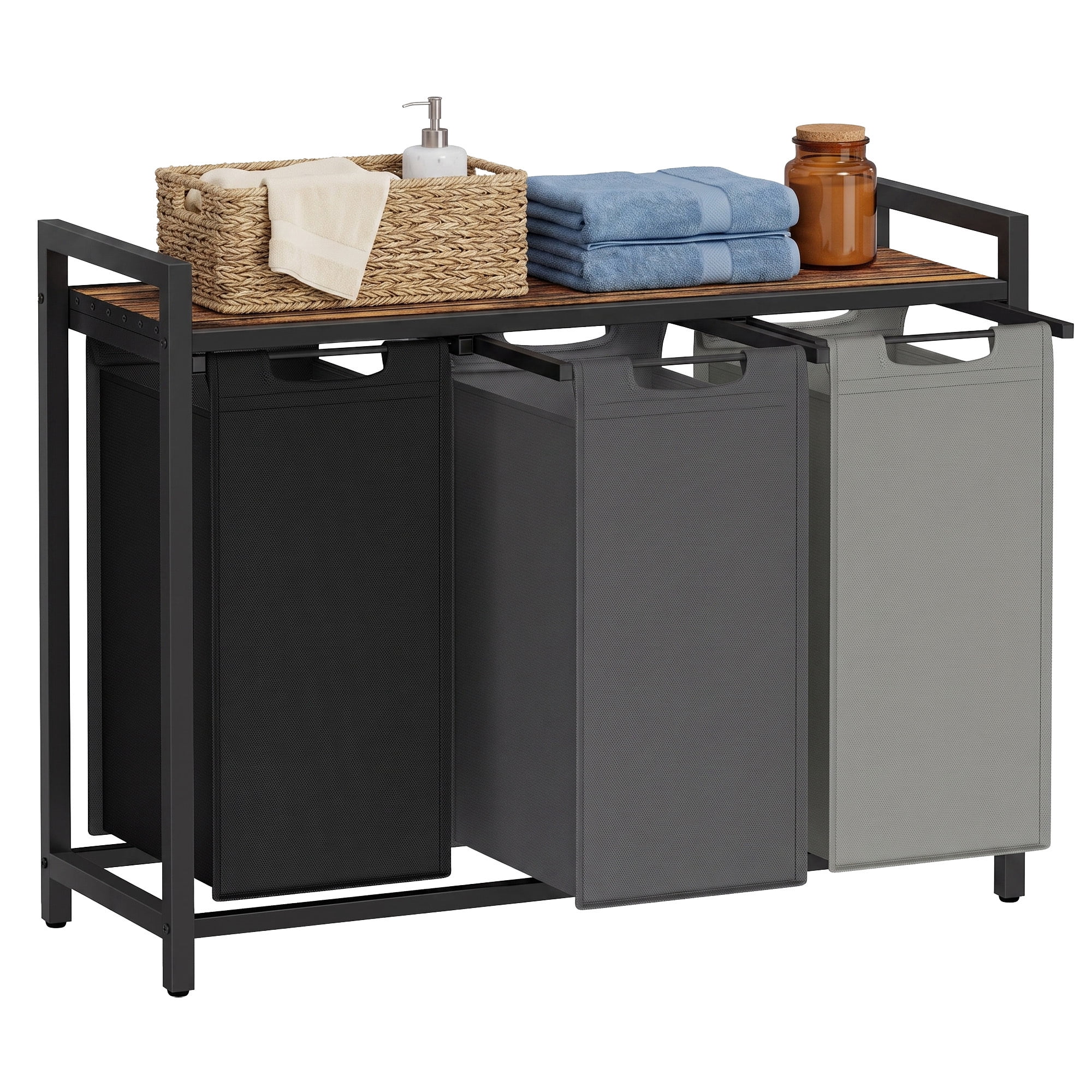 Ledrem 3-Bag Laundry Sorter Hamper with Pull-Out Bags and Shelf, Tricolor and Rustic Brown