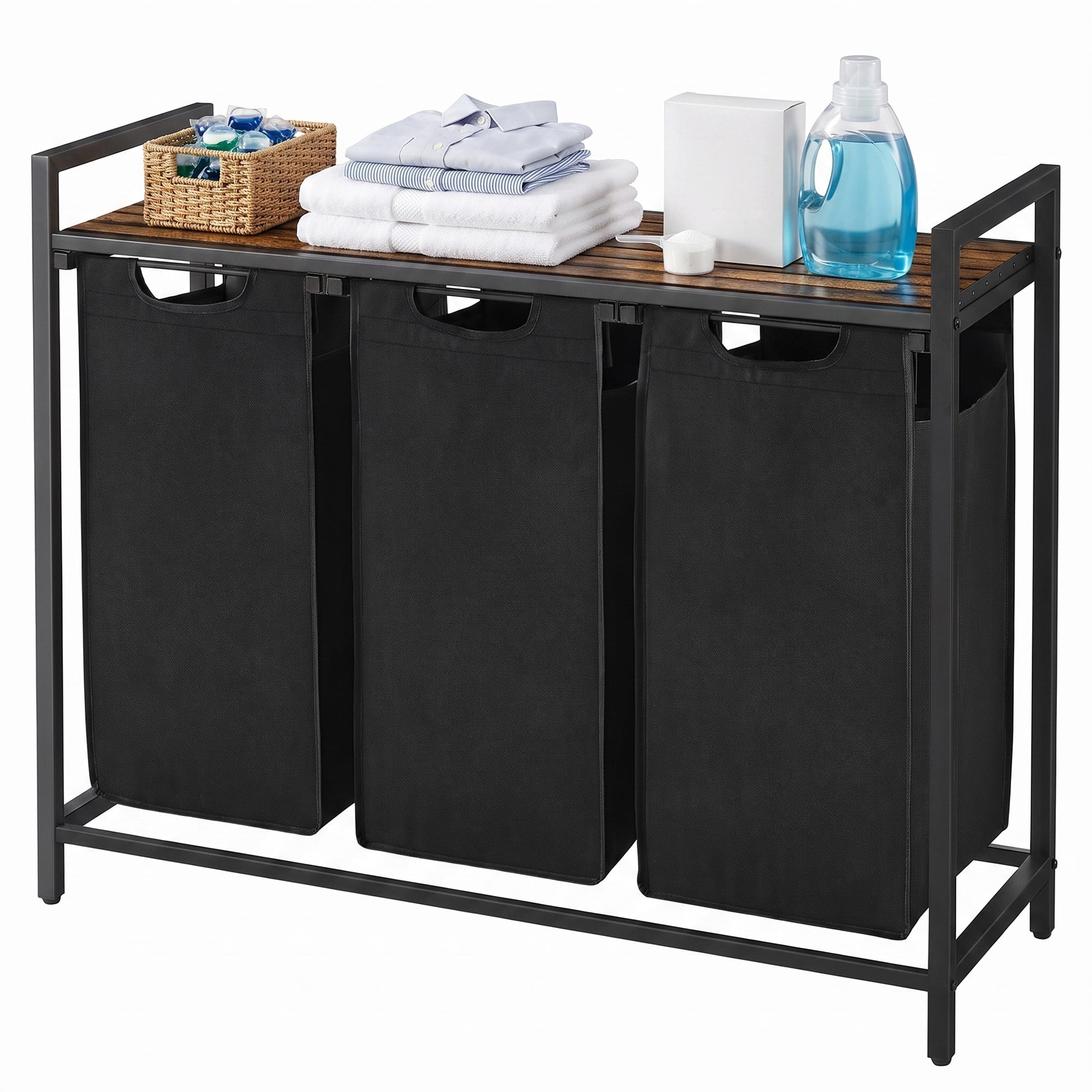 Ledrem 3-Compartment Laundry Sorter with Removable Bags for Home Organization, Ink Black/Rustic Brown