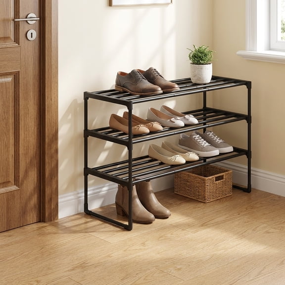 Ledrem 3-Tier Stackable Reversible Shoe Rack Organizer, Black Steel & Plastic, Tiered Shoe Rack Shelf, Stacking Shoe Rack