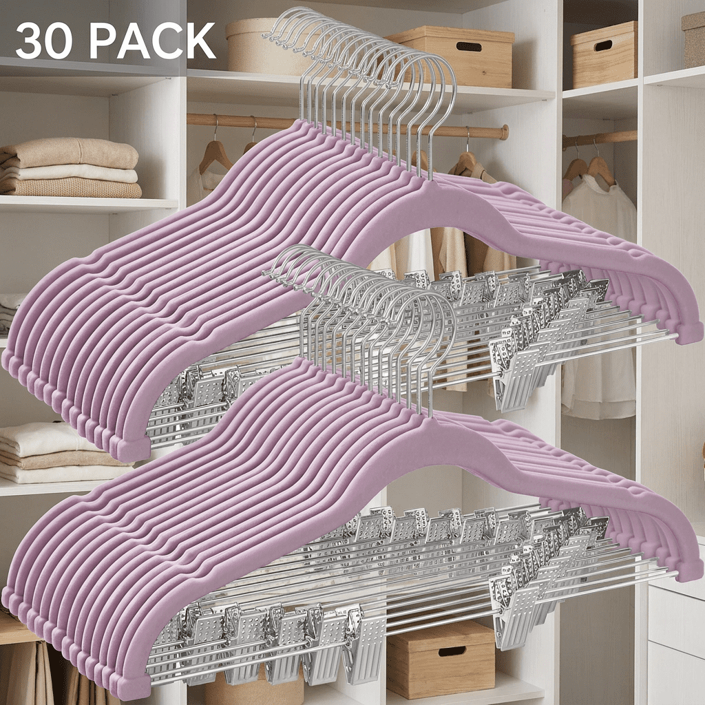 Ledrem 30-pack Adjustable Velvet Hangers, Skirt & Pants Hangers with Movable Clips, Adult, Pale Purple