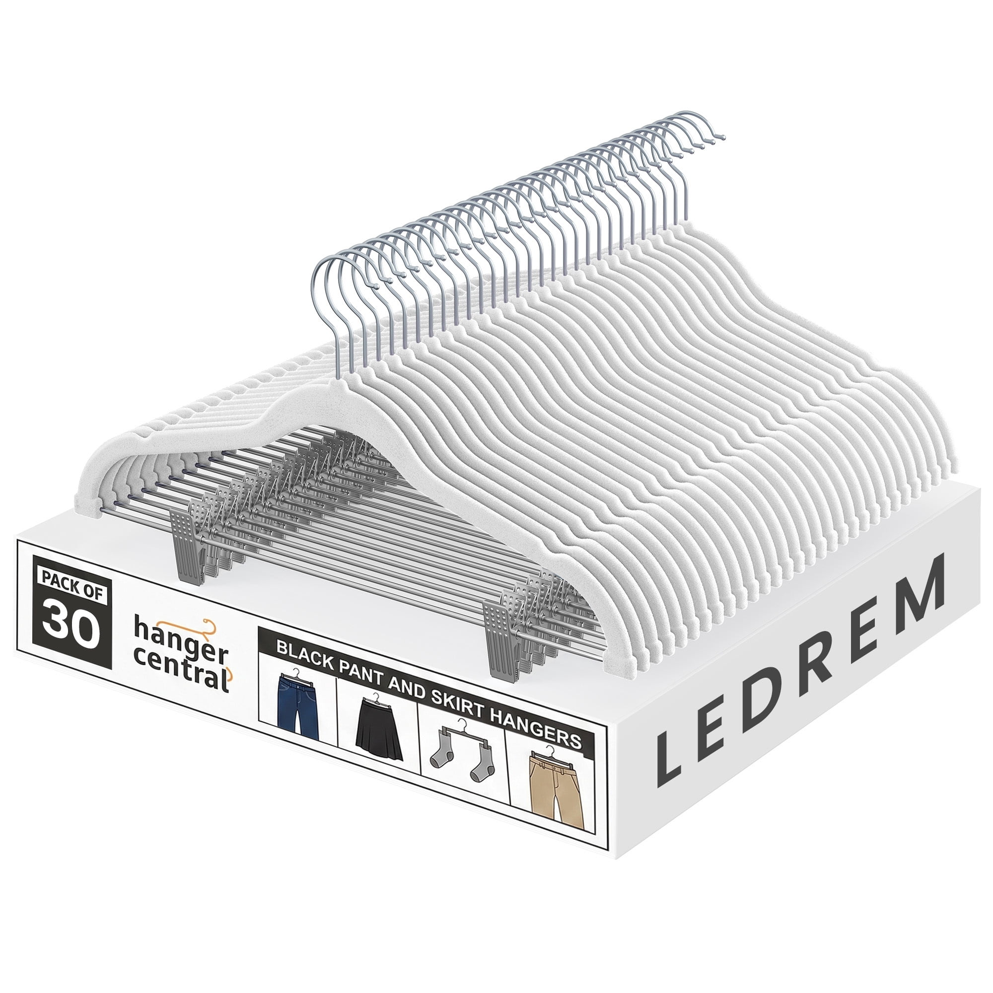 Ledrem 30-pack Adjustable Velvet Hangers, Skirt & Pants Hangers with Movable Clips, White