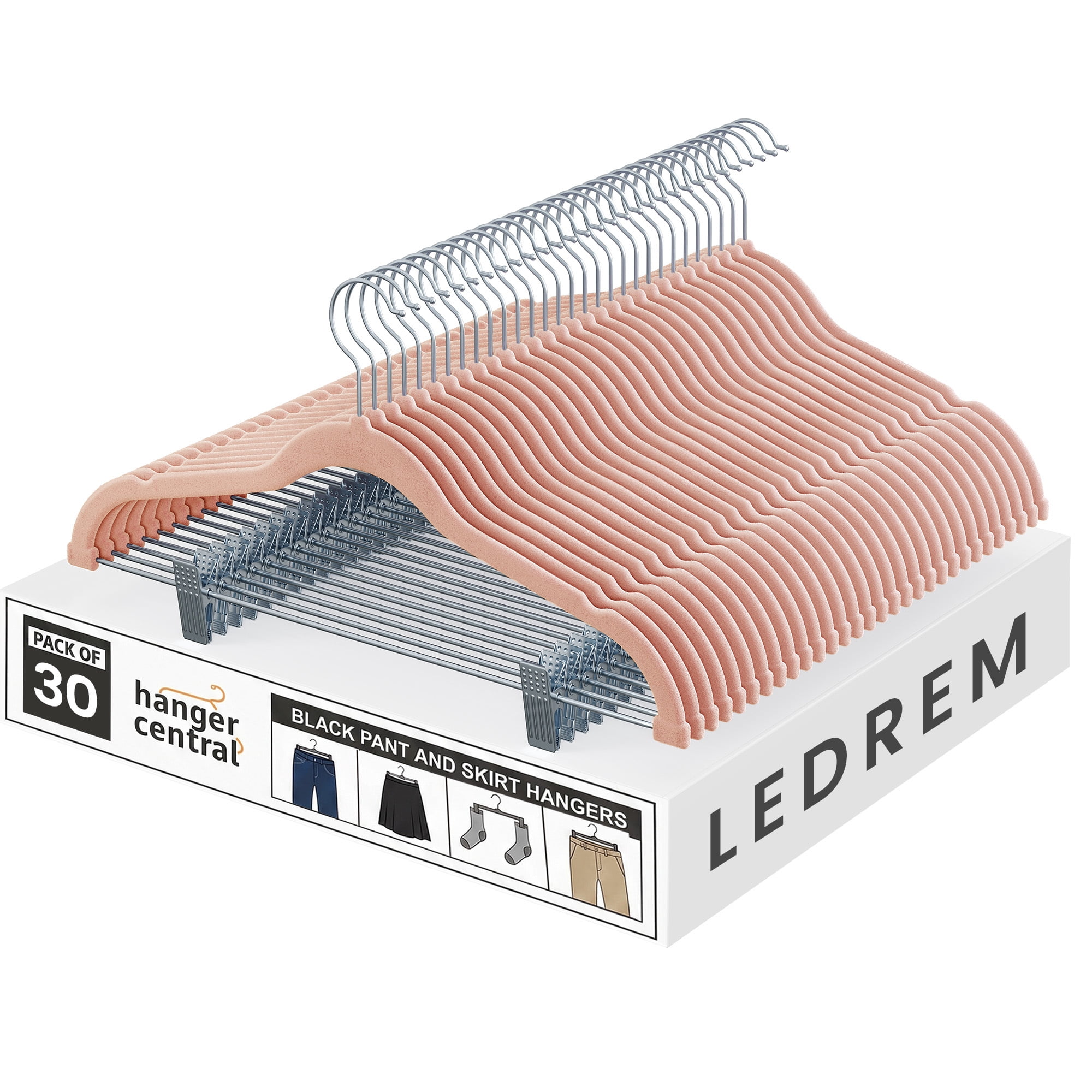Ledrem 30-pack Adjustable Velvet Hangers with Movable Clips, Light Pink