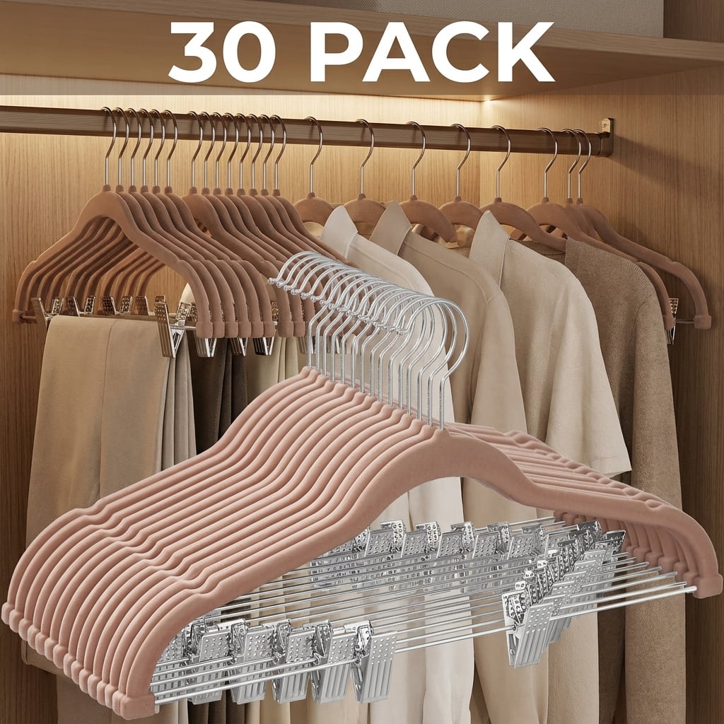 Ledrem 30-pack Brown Velvet Pants Hangers with Adjustable Clips, Space-Saving for Skirts, Coats, Dresses