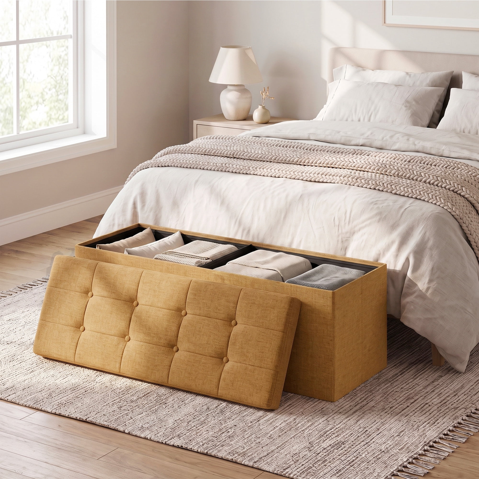 Ledrem 43" Foldable Storage Ottoman Bench, Multi-Functional Seating, Ginger