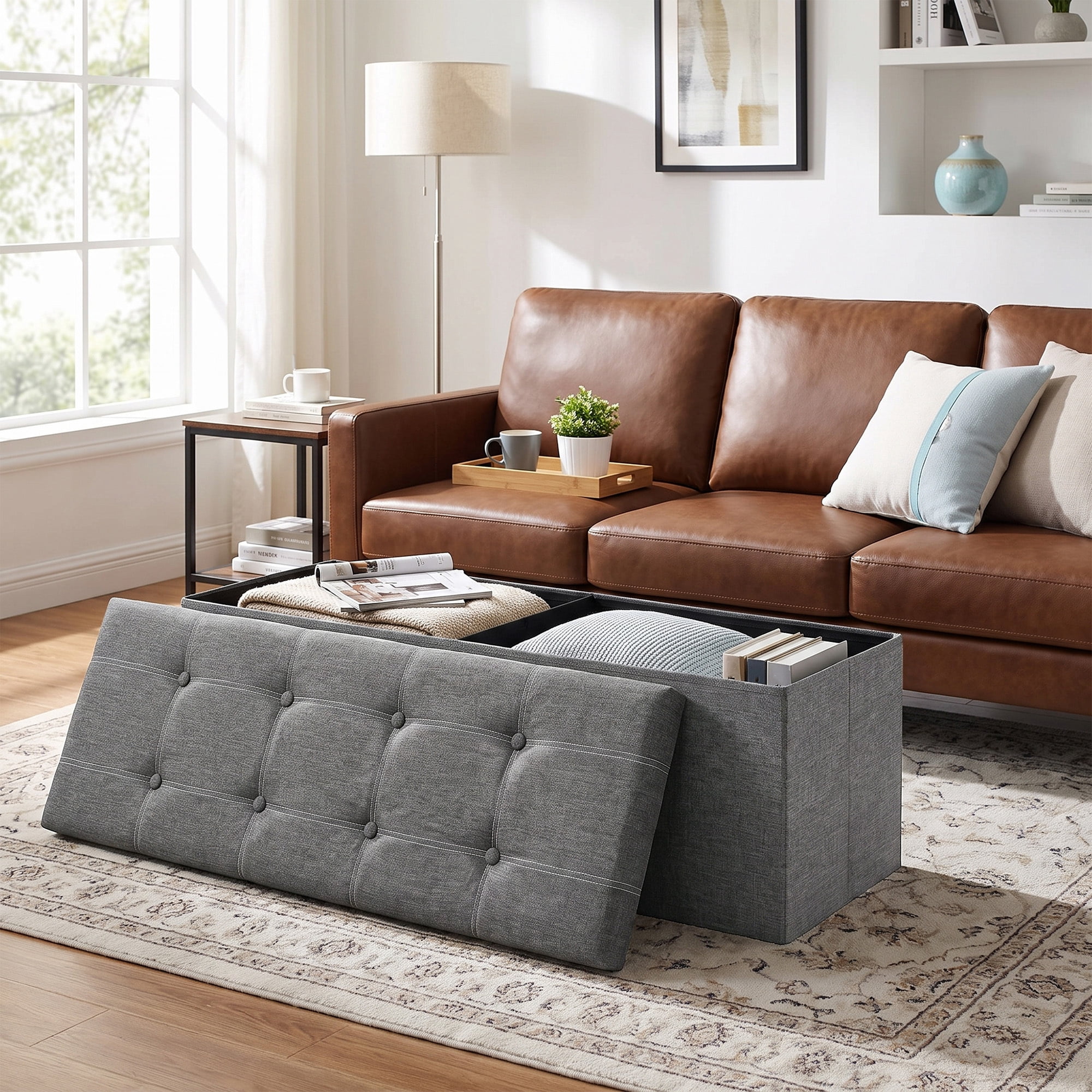 Ledrem 43" Foldable Storage Ottoman Bench, Multi-Functional Seating, Light Gray