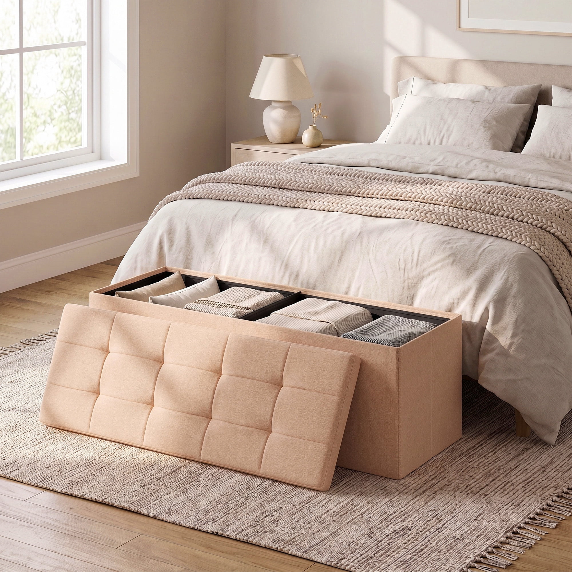 Ledrem 43-Inch Folding Storage Ottoman Bench, Foot Rest Stool, Apricot Orange