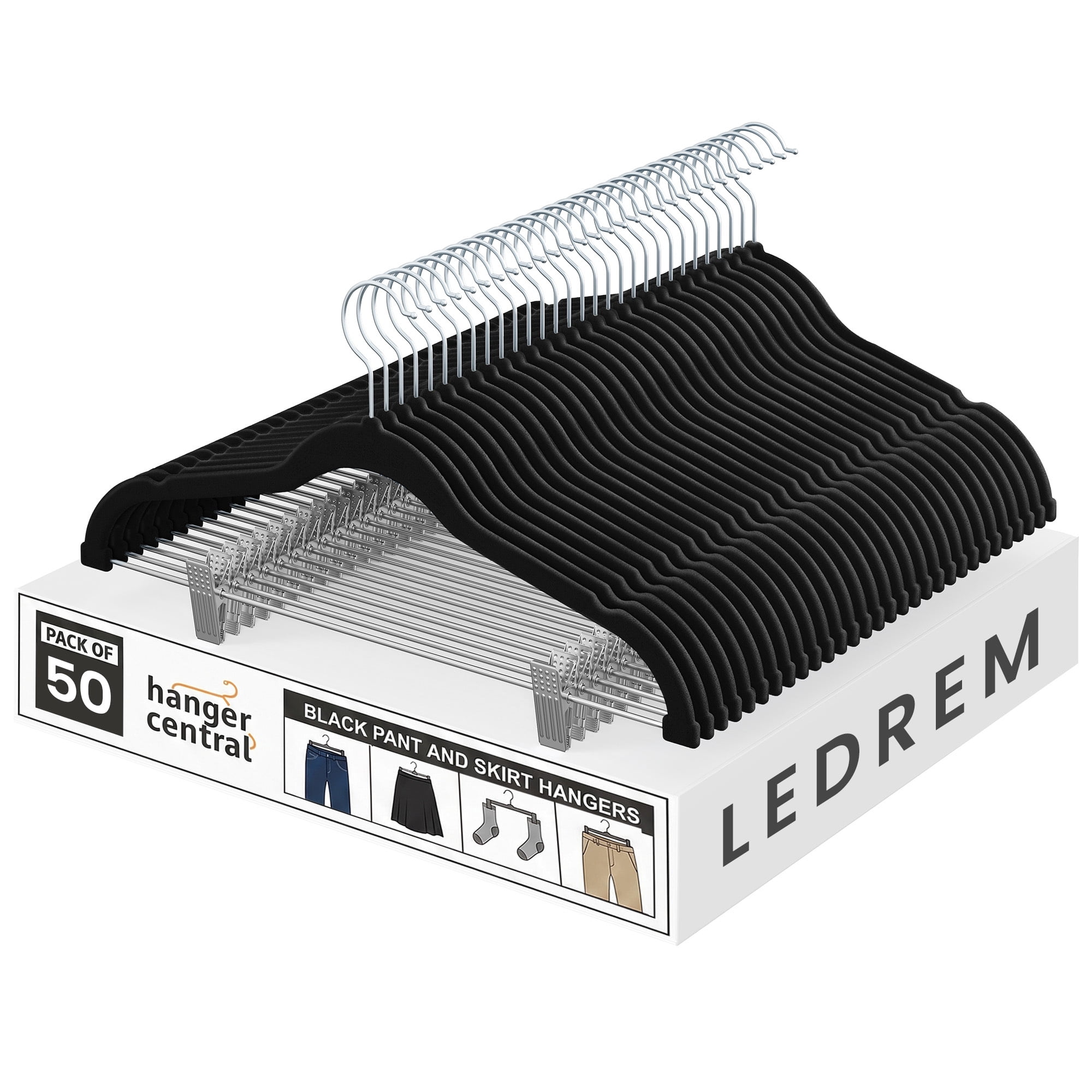 Ledrem 50-pack Adjustable Velvet Hangers with Movable Clips, Black