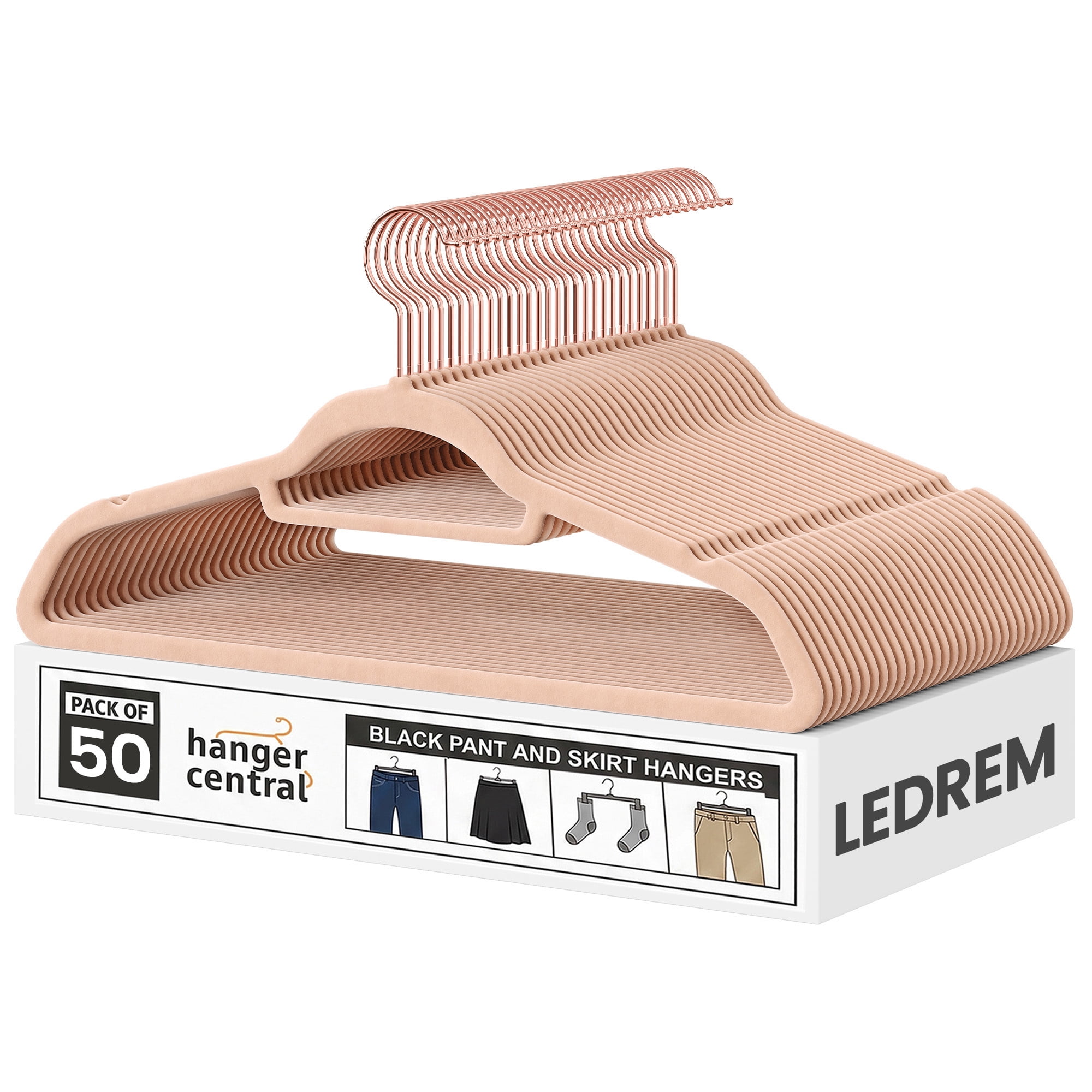 Ledrem 50-pack Velvet Hangers, Clothes Hangers with 360 Swivel Hooks, Space-Saving, Caramel Brown