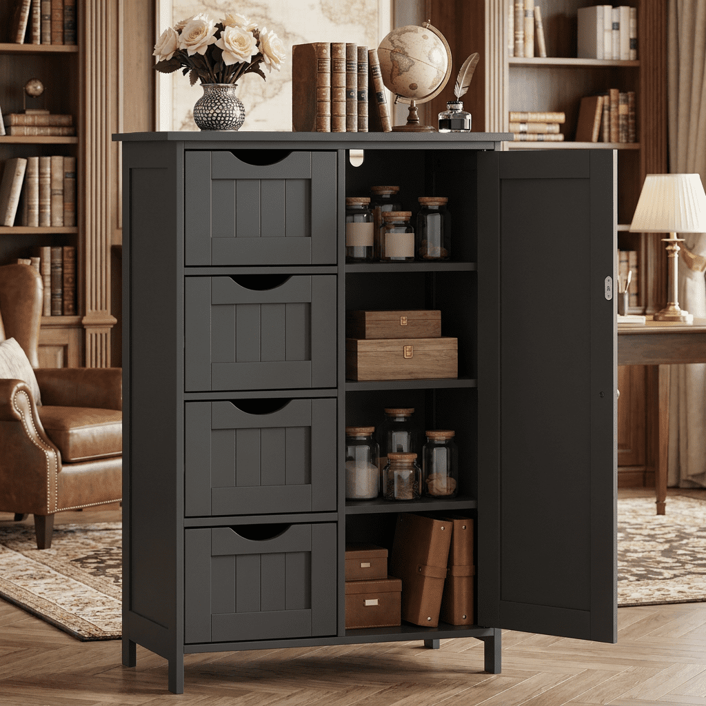 Ledrem Black Freestanding Storage Unit, 1-Door Cupboard with Adjustable Shelves