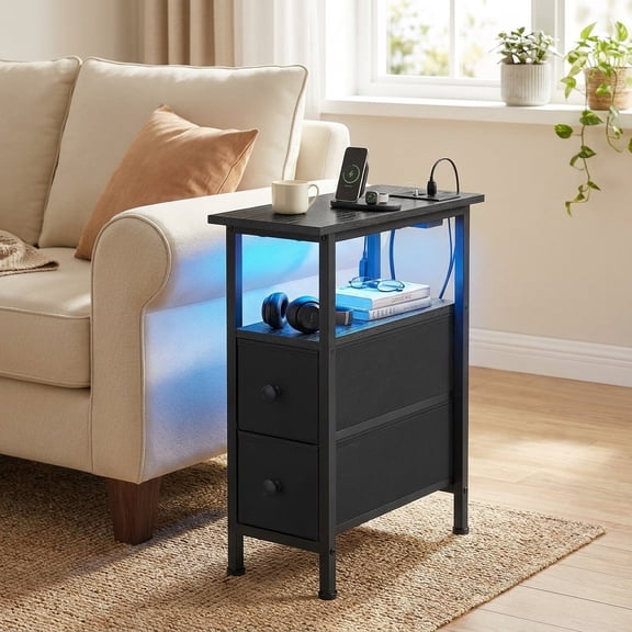 Ledrem Black Narrow Side Table with Charging Station, USB Ports, LED Lights, Storage