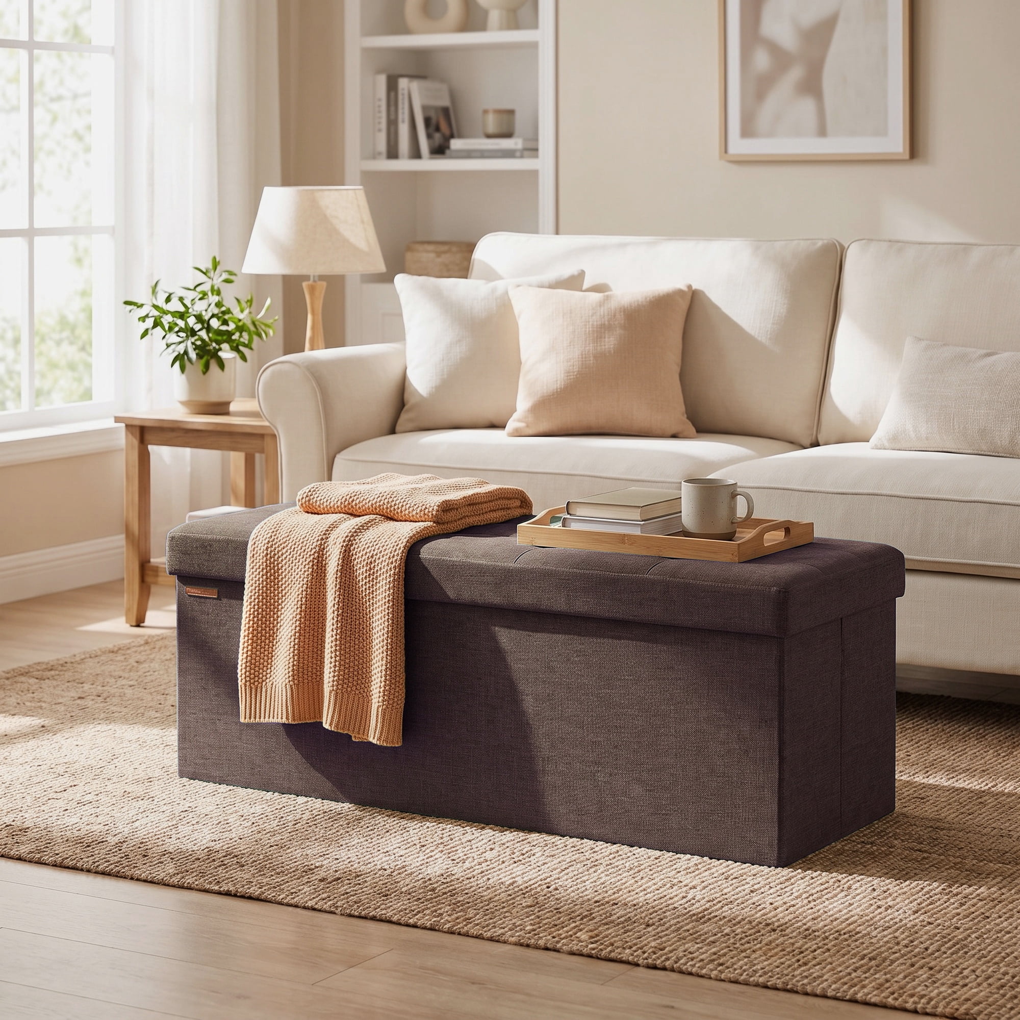 Ledrem Brown Foldable Storage Ottoman Bench with 660lb Capacity