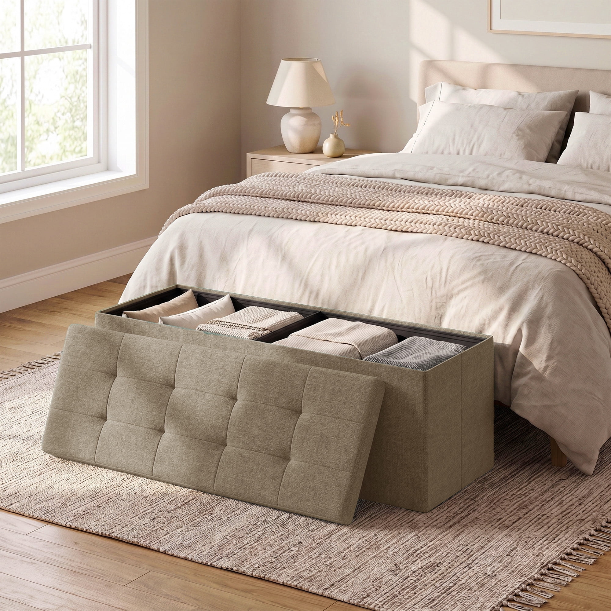 Ledrem Camel Brown Foldable Storage Ottoman Bench with 660lb Capacity