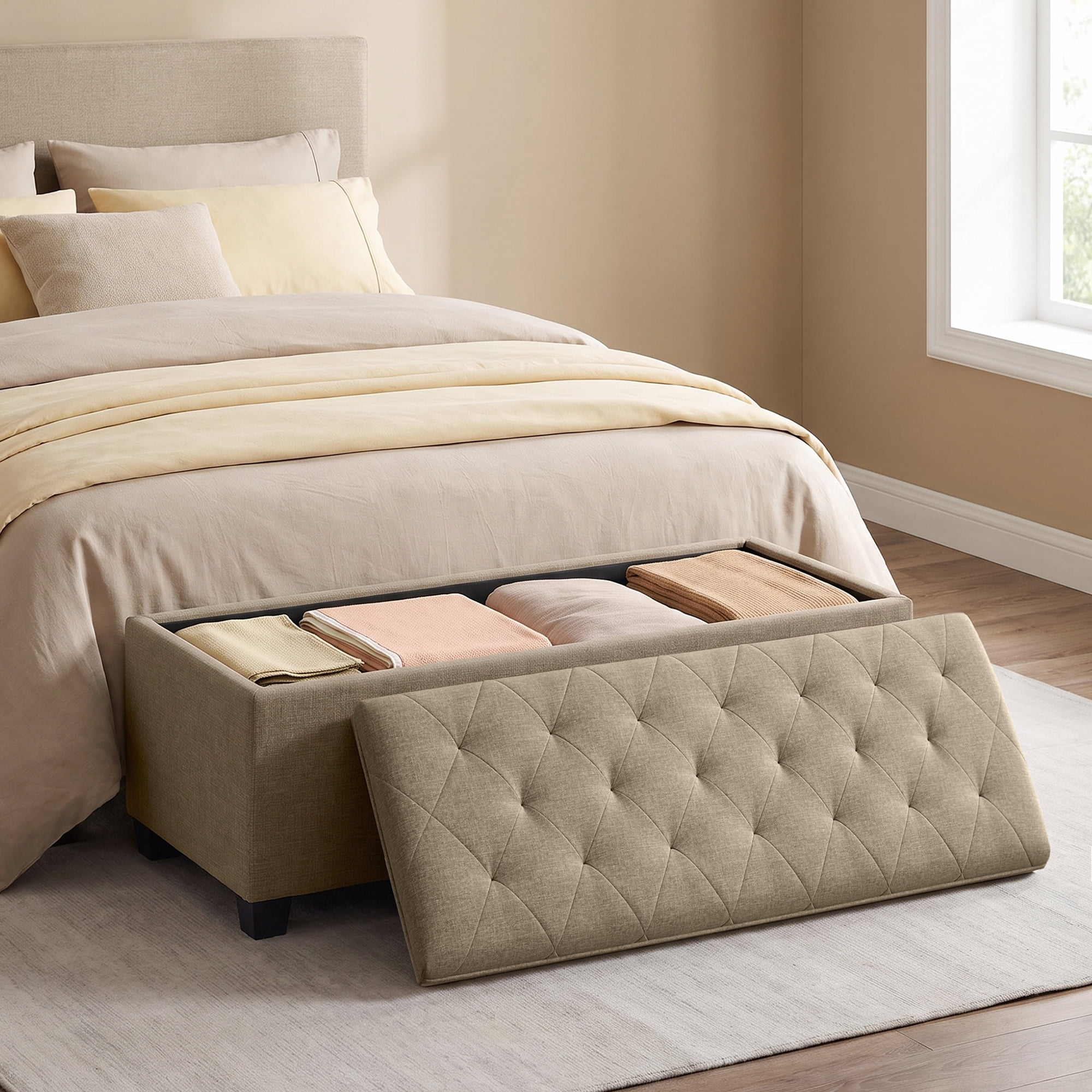 Ledrem Camel Brown Linenette Tufted Storage Ottoman Bench, End of Bed Bench, 660 lb Capacity, Modern Home Decor