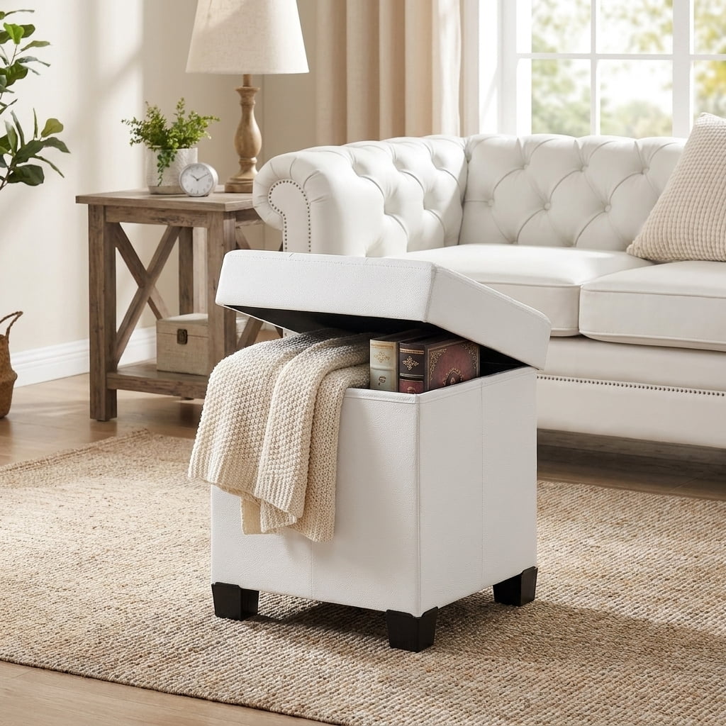 Ledrem Cloud White Square Foldable Storage Ottoman with 10 Gallon Storage, Tufted PVC Leather Footrest