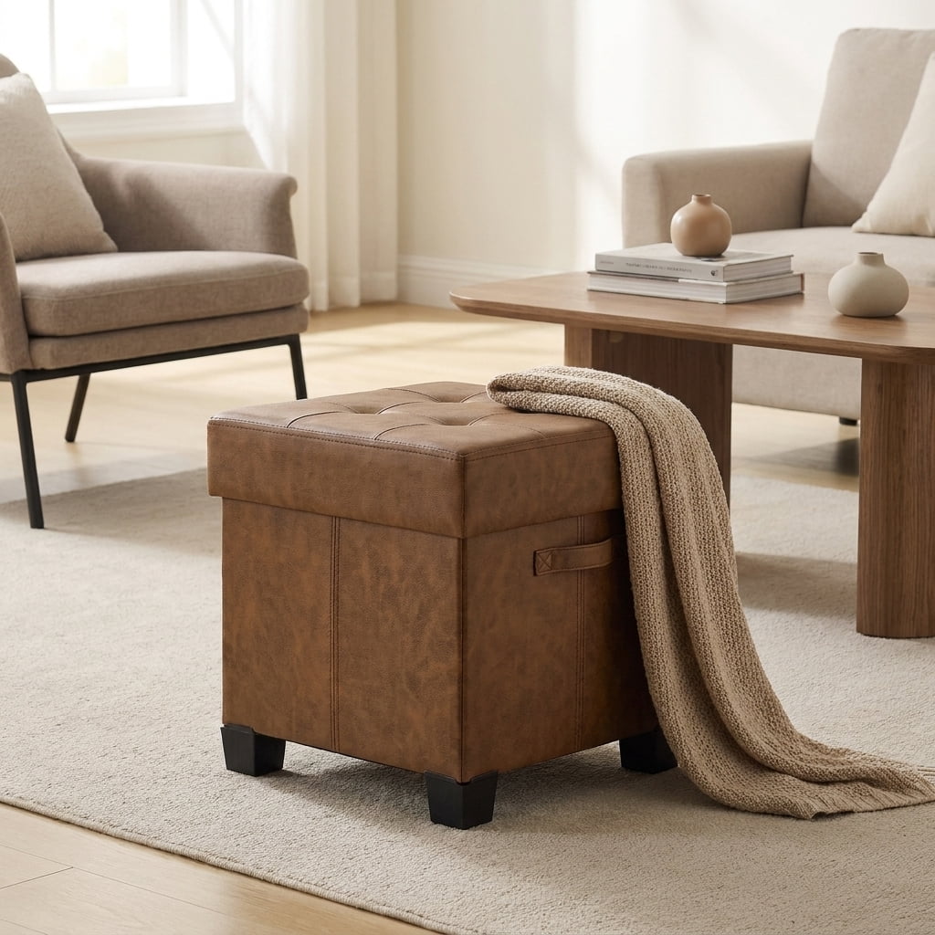 Ledrem Coffee Brown Foldable Ottoman Storage Bench, Footstool with 660 lb Capacity