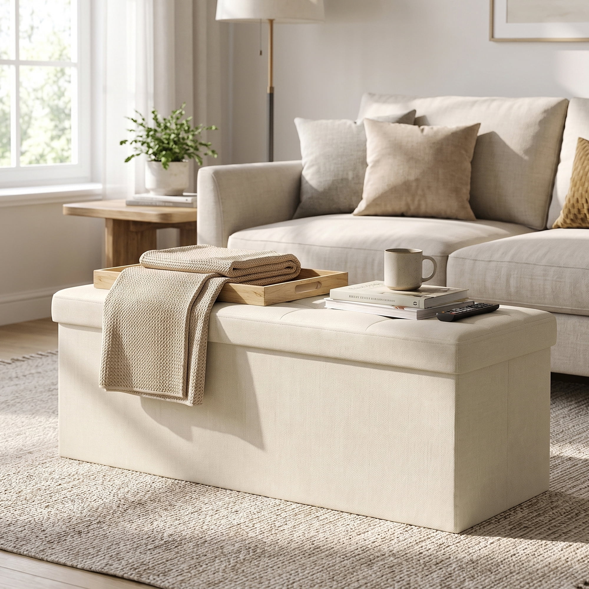 Ledrem Cream White Folding Storage Ottoman Bench with 660lb Capacity, Ottoman with Storage, Footrest