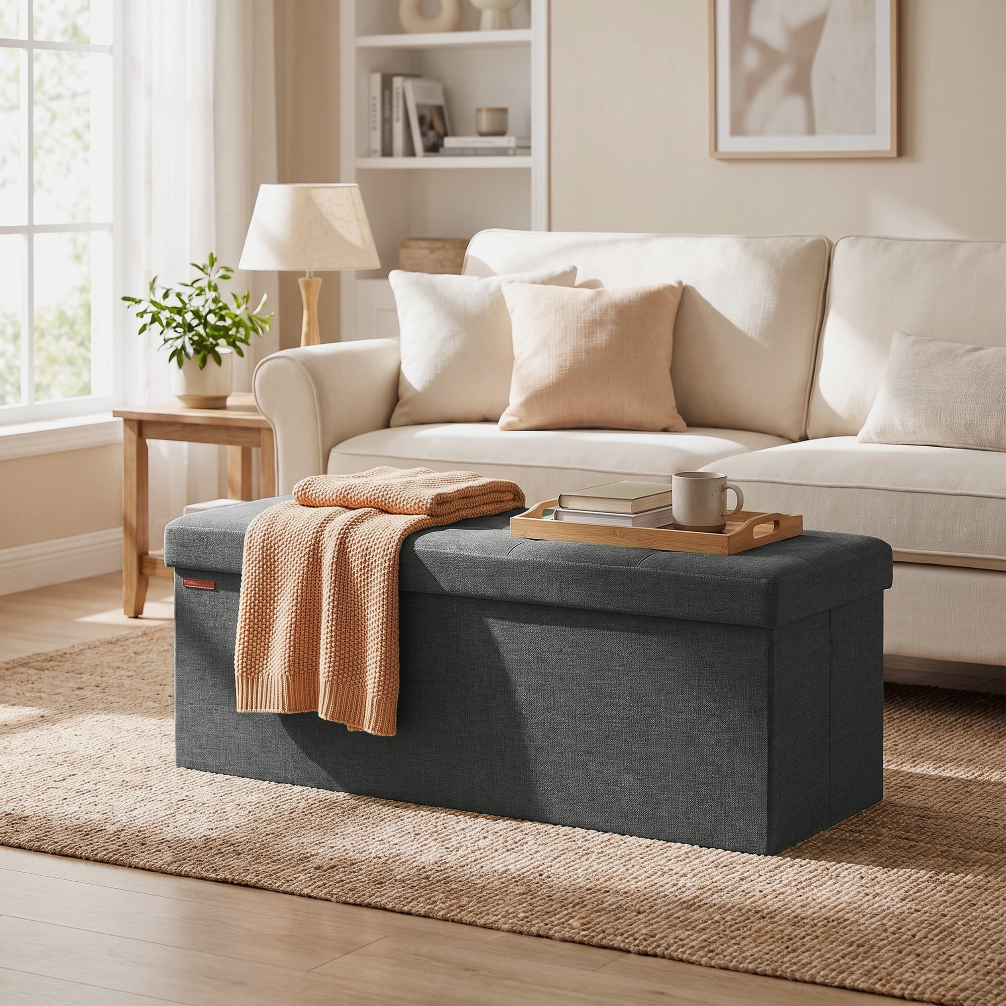 Ledrem Dark Gray Foldable Storage Ottoman Bench with 660lb Capacity, Multi-Functional Footrest and Seat