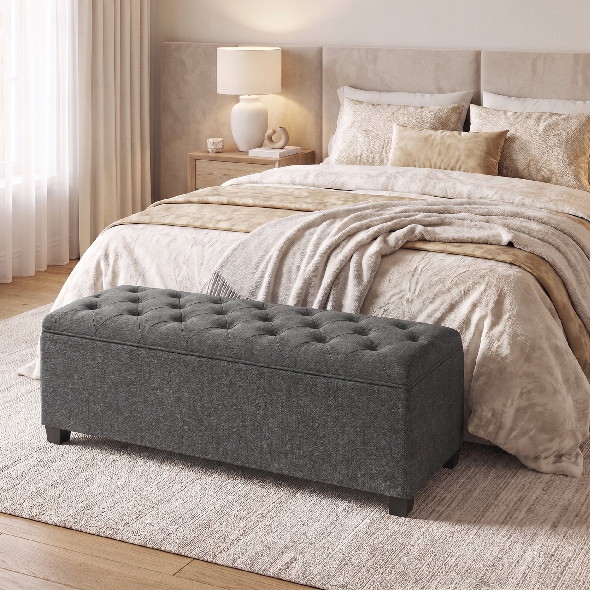 Ledrem Dark Gray Tufted Storage Ottoman Bench, 43" End of Bed Bench with Lift-Off Lid, 660lb Capacity