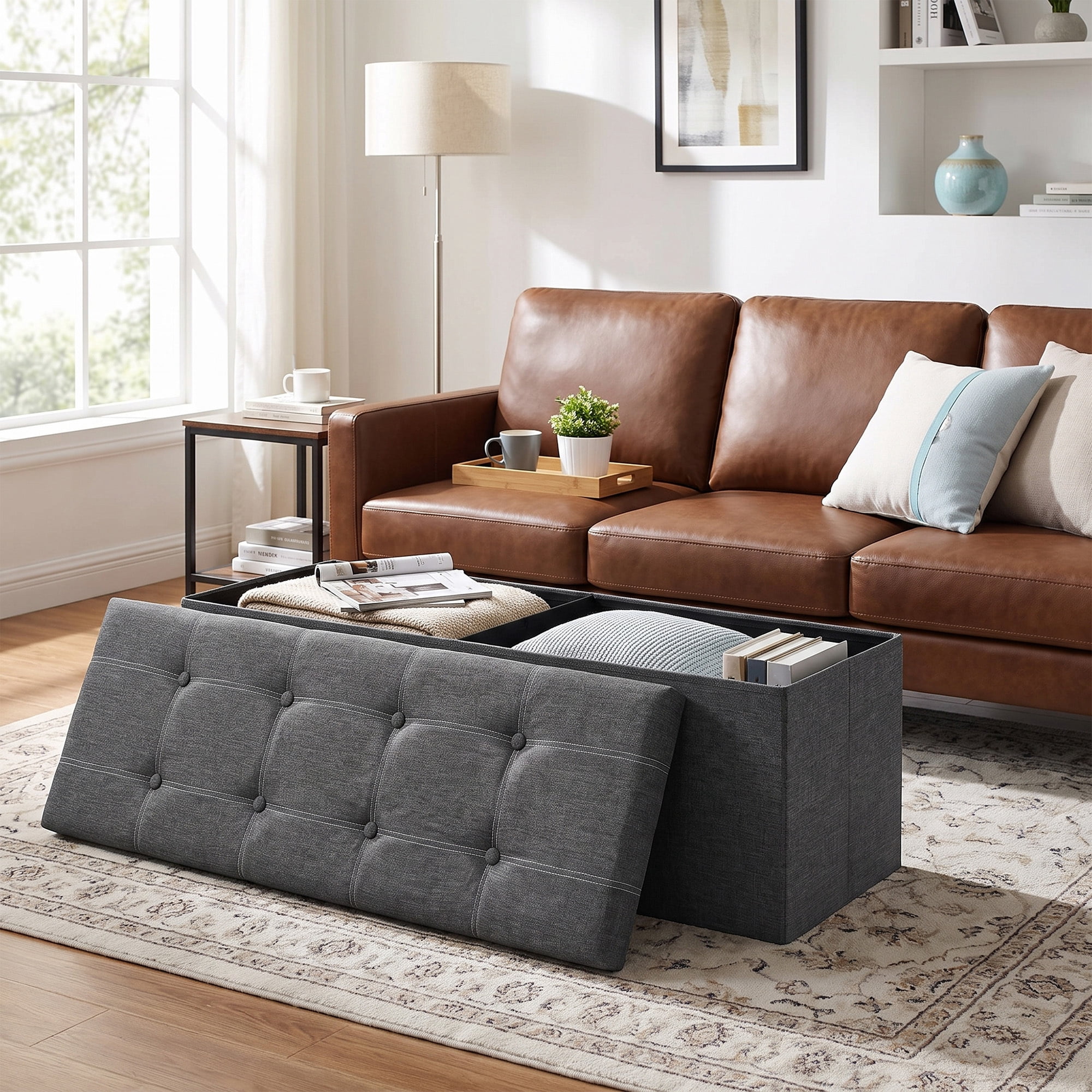 Ledrem Extra Large Storage Ottoman Bench, Dark Gray Linen-Look Fabric, 43" Wide, 35 Gal Capacity, 660 lb Weight Capacity