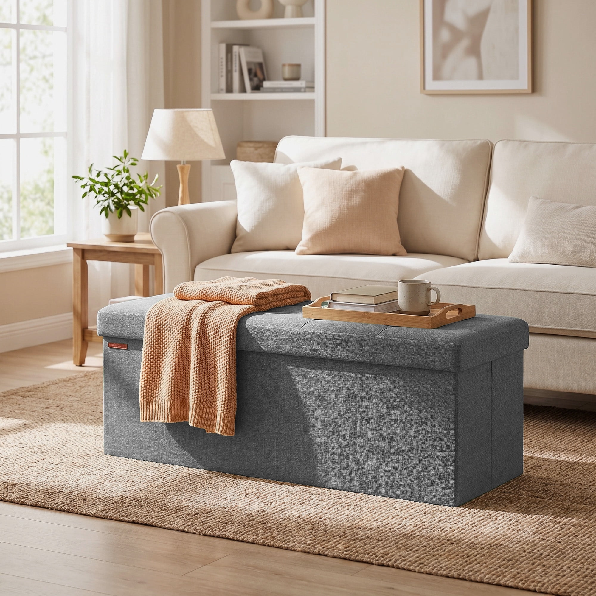 Ledrem Foldable Storage Ottoman Bench, 660lb Capacity, Light Gray