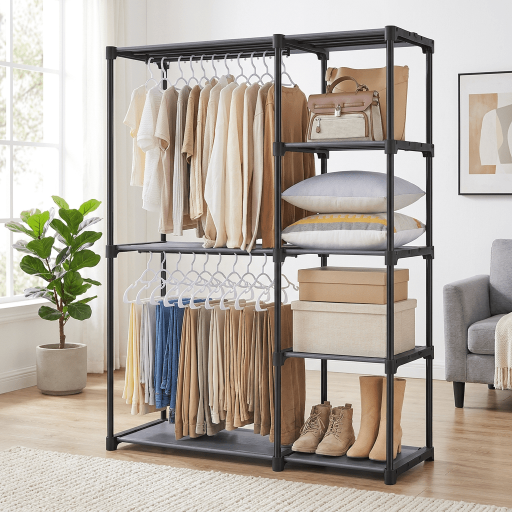Ledrem Gray Freestanding Closet Organizer, Portable Wardrobe Rack with 4 Shelves & 2 Hanging Rods, Steel