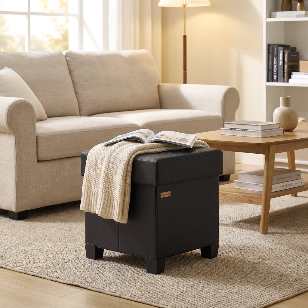 Ledrem Ink Black Foldable Storage Ottoman Footrest with 660 lb Capacity