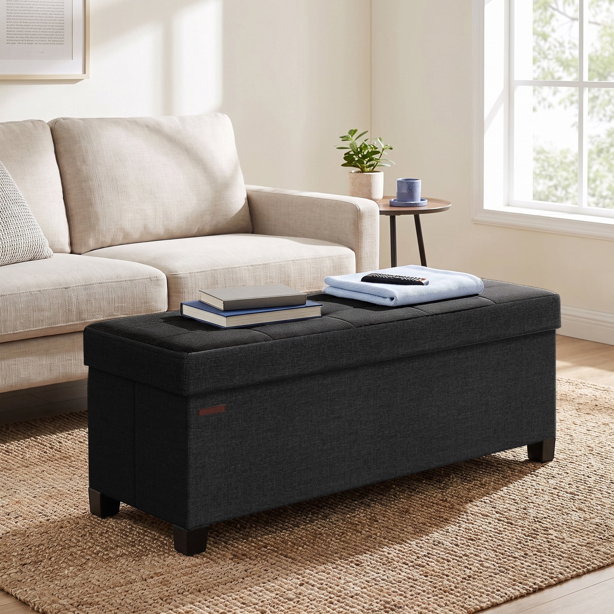 Ledrem Ink Black Folding Storage Ottoman Bench with Footrest, Large