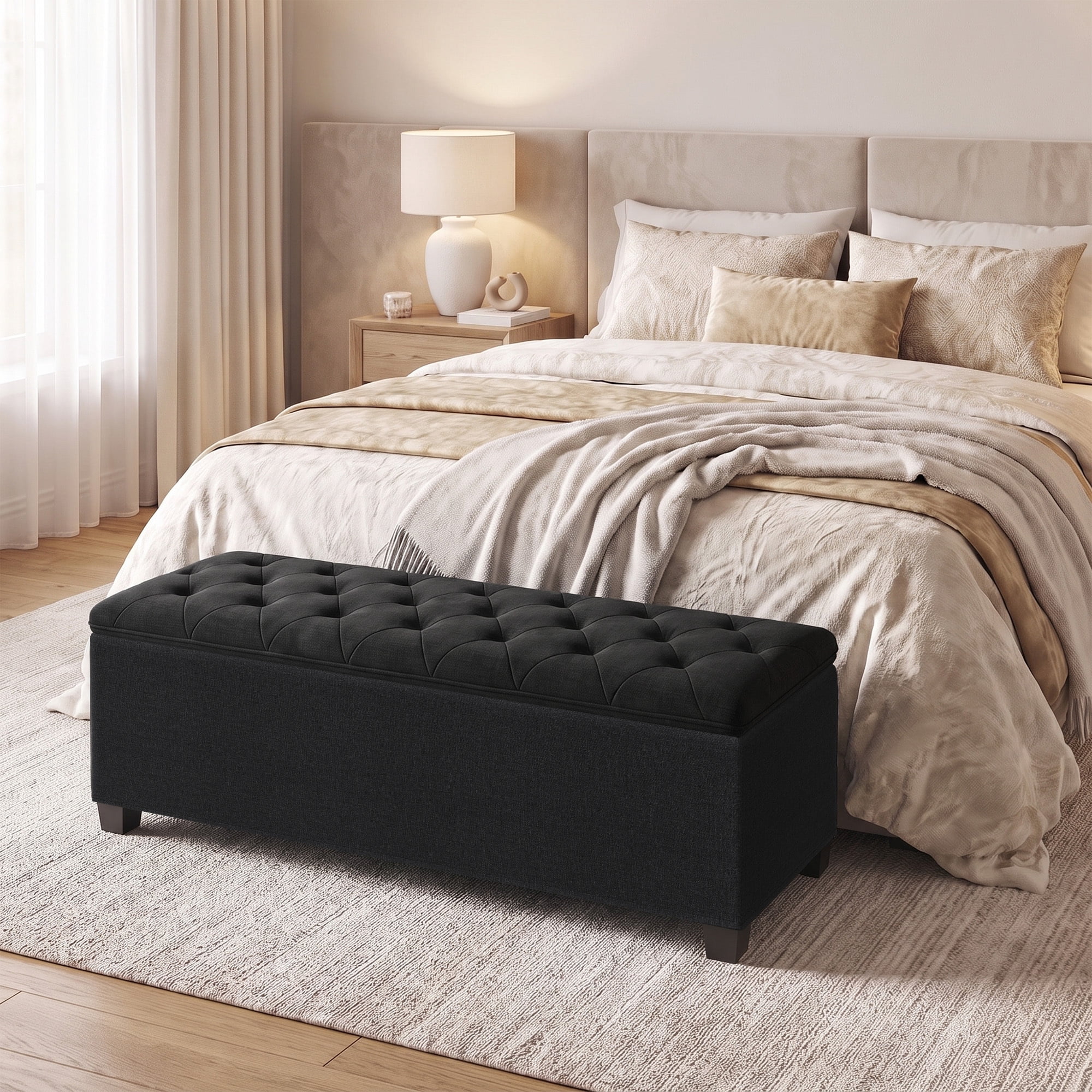 Ledrem Ink Black Storage Ottoman Bench, End of Bed Bench with Removable Cover, Large, Contemporary, Tufted