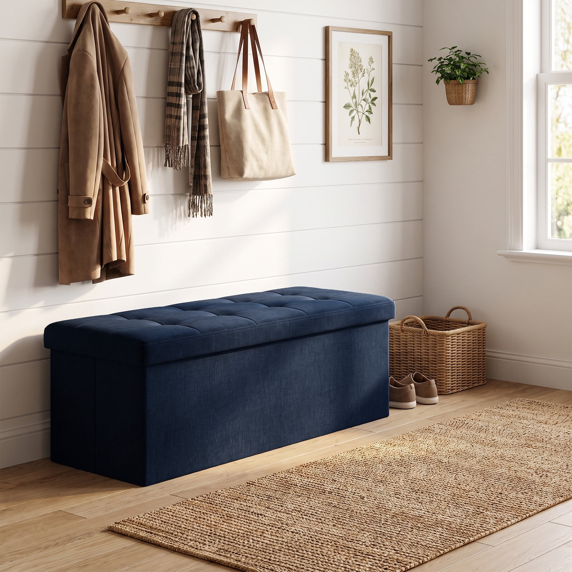 Ledrem Large Foldable Storage Ottoman Bench, 660lb Capacity, Footrest, Midnight Blue