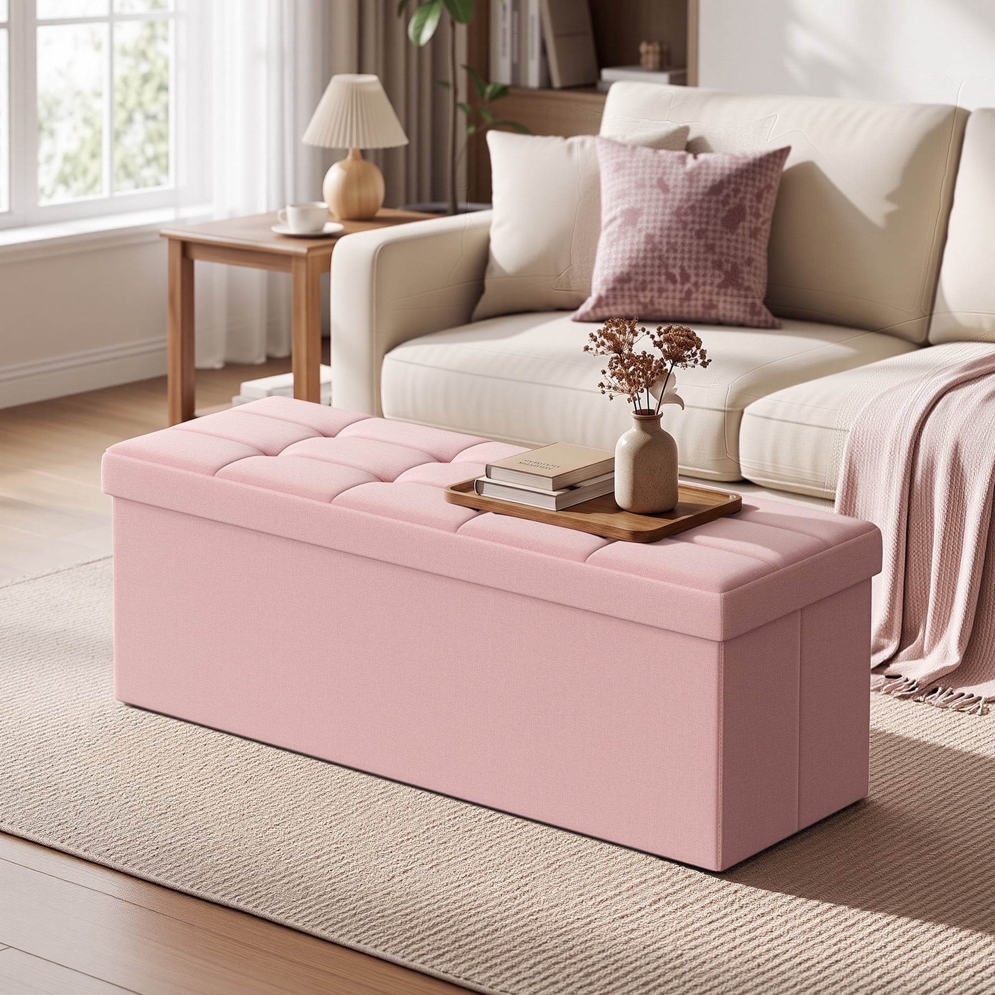 Ledrem Large Foldable Storage Ottoman Bench with 660lb Capacity, Jelly Pink