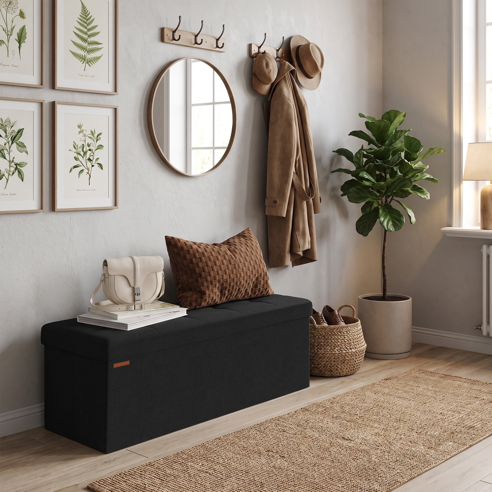 Ledrem Large Foldable Storage Ottoman Bench with Storage, Footrest, Ink Black