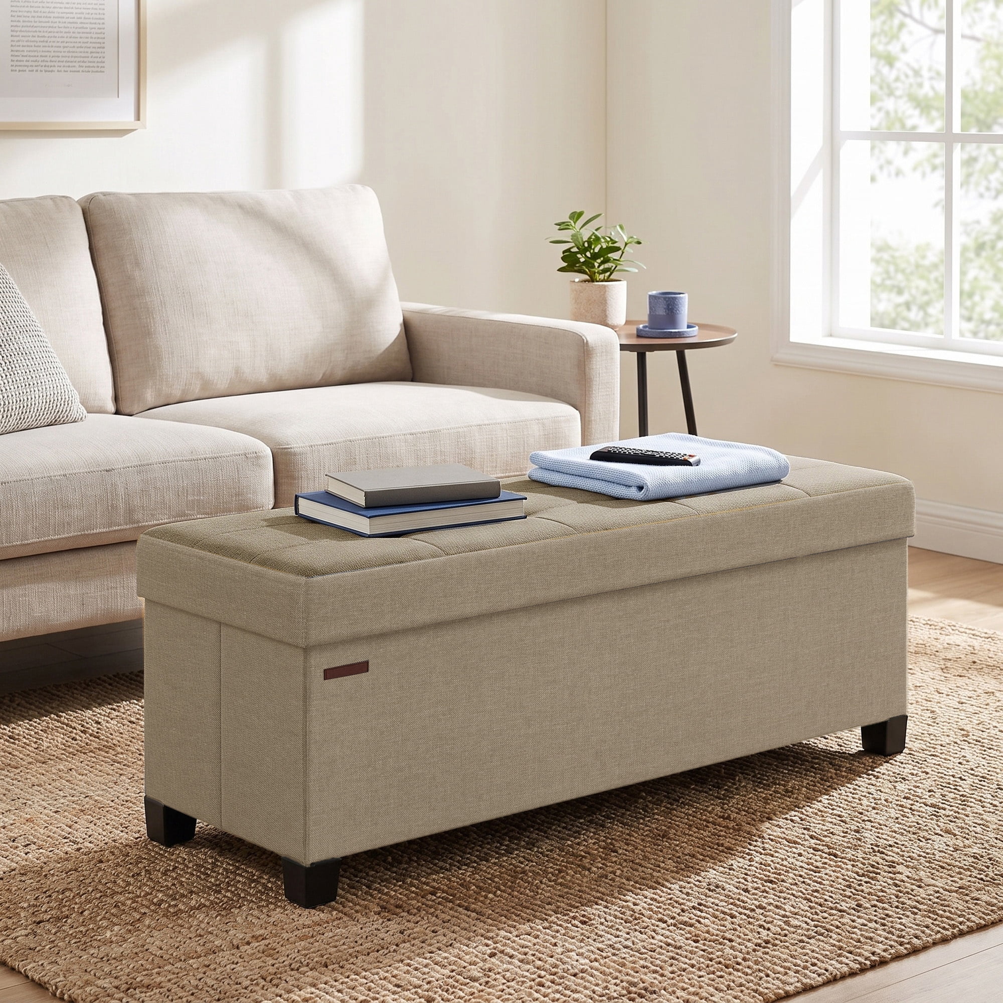 Ledrem Large Folding Storage Ottoman Bench with Footrest, Camel Brown